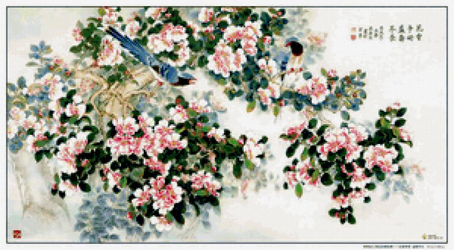 Яблоня и птицы - восток, птицы, ветка, яблоня, китай, цветы - предпросмотр