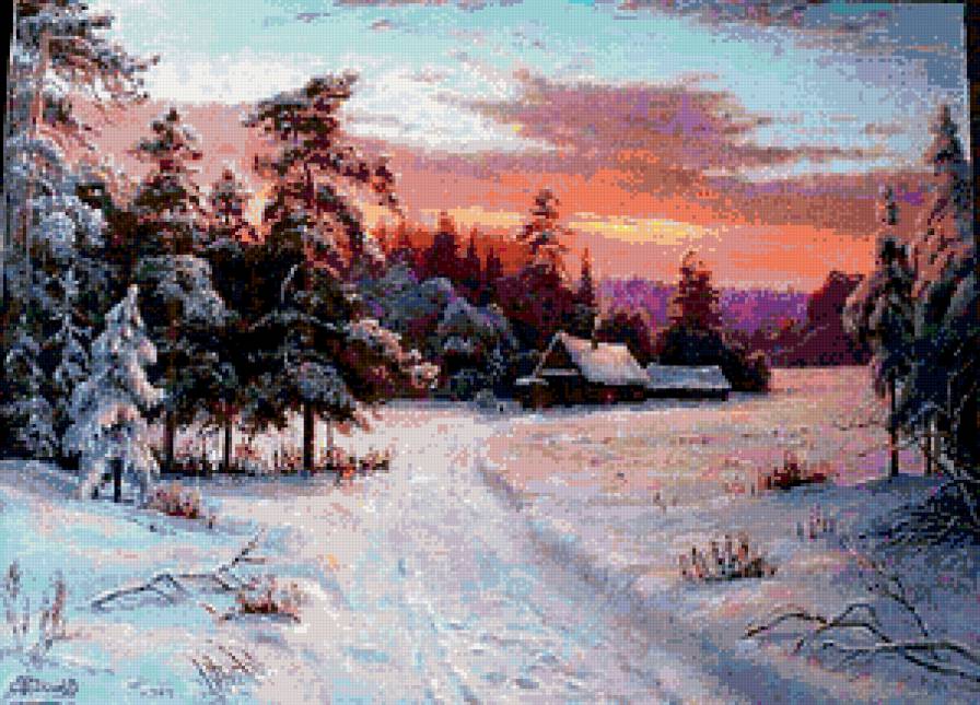 Зимняя дорога - пейзаж, зима, лес, избушка - предпросмотр