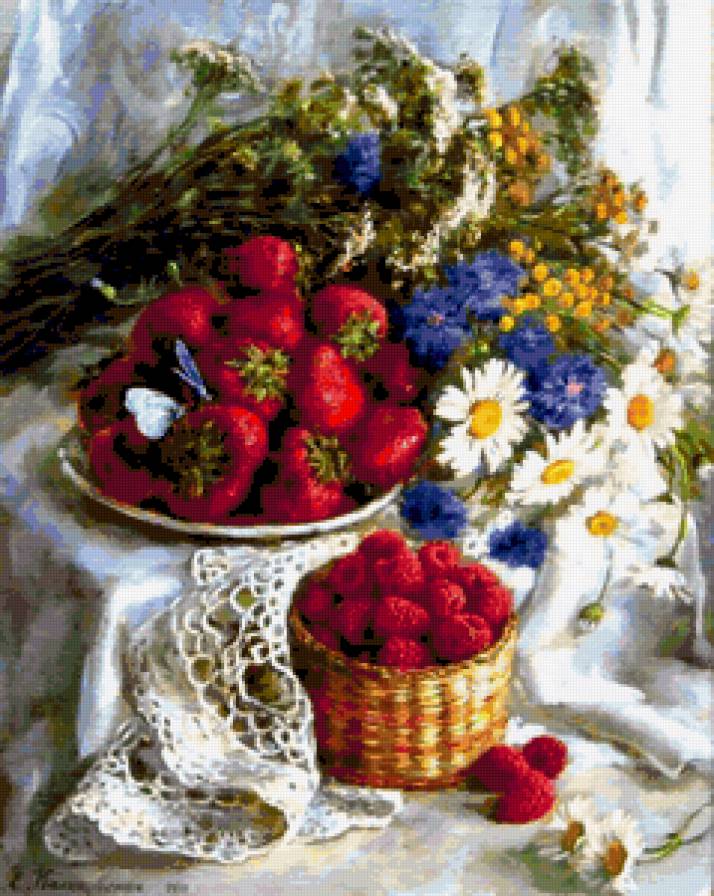 675678 - розы, корзина, клубника, ромашки, фрукты, цветы - предпросмотр