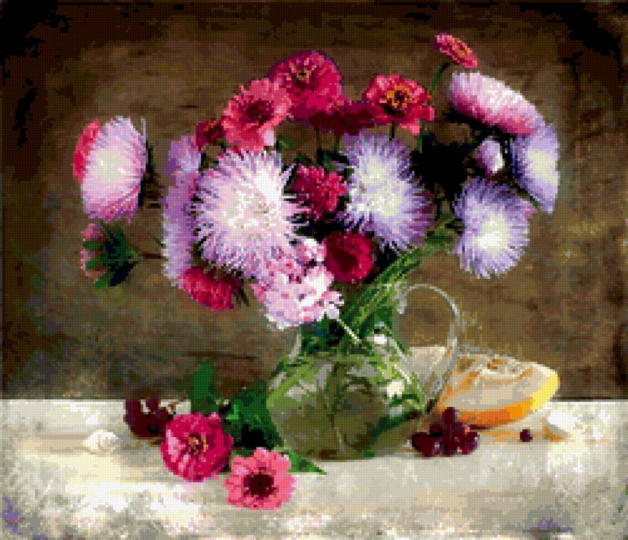 натюрморт - натюрморт, цинии, астры, цветы - предпросмотр