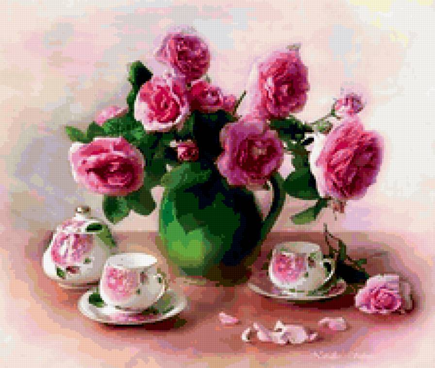 очень нежно.. - цветы, розы, букет, ваза, кухня, натюрморт - предпросмотр