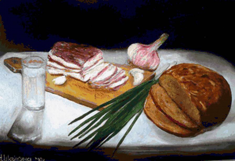 Правильный натюрморт - лук, русский натюрморт, хлеб, горилка, продукты, сало, натюрморт - предпросмотр