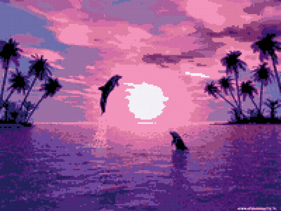 дельфинчики на закате - море, дельфины, закат - предпросмотр