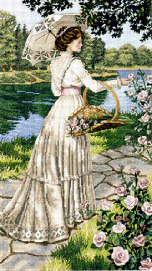 дама с зонтиком - река, природа, зонтик, дама, корзина, цветы, дорога - предпросмотр