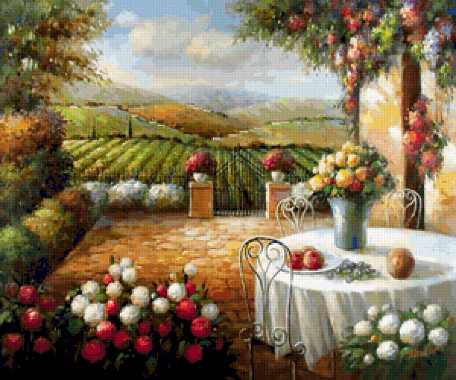 9983562 - цветы, дом, ваза, пейзаж, природа, букет, домик, фрукты, цветок - предпросмотр