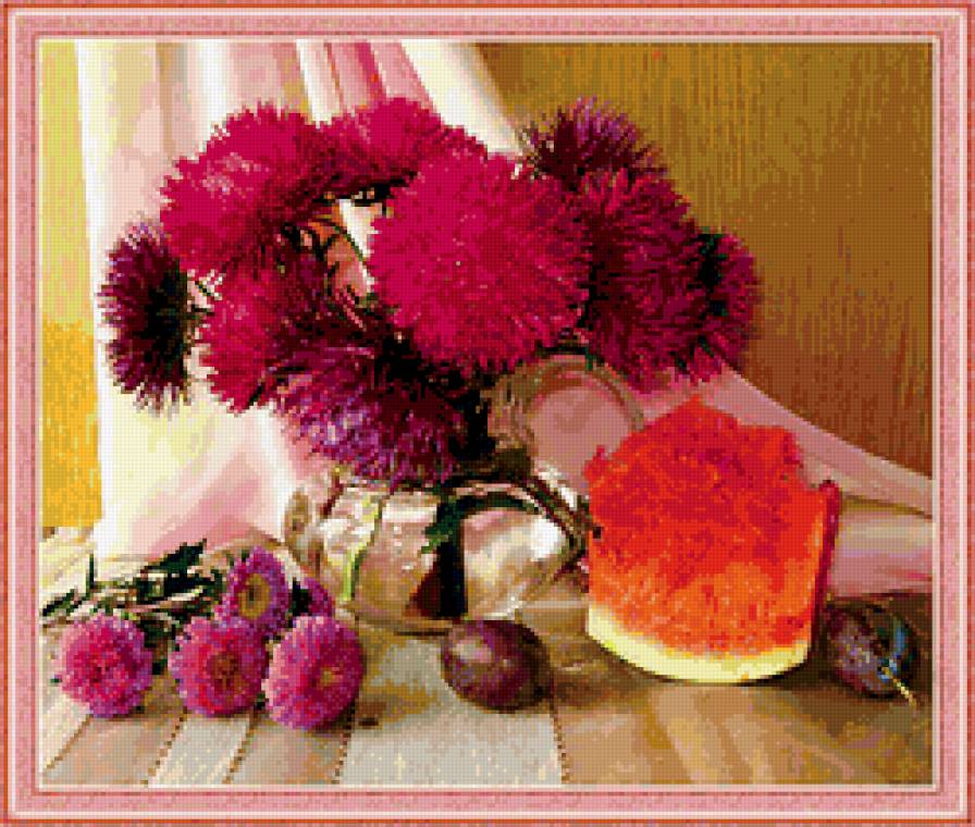 натюрморт - натюрморт, астры, цветы, арбуз - предпросмотр