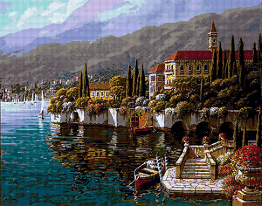 №177481 - картина, пейзаж, море, дома, горы, лодка - предпросмотр