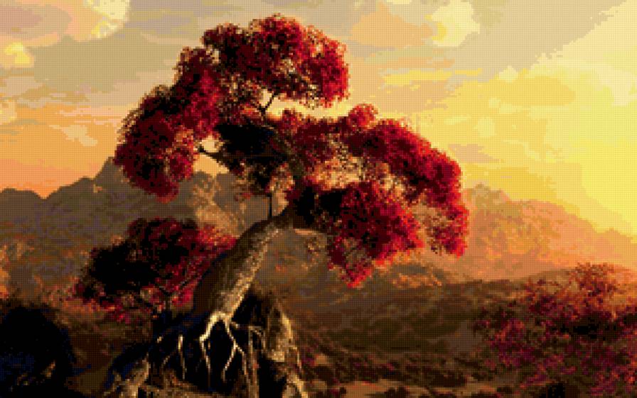 Восход - горы, дерево, восход, красота, природа. - предпросмотр