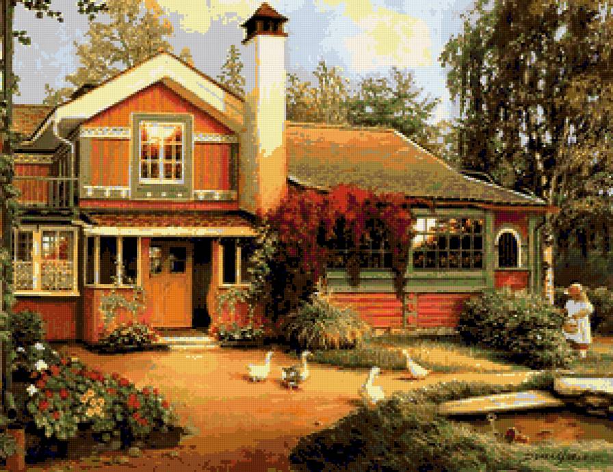 №178148 - птицы, дом, дворик, картина, ребенок - предпросмотр