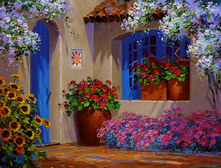 №178154 - цветы, дворик, картина - оригинал
