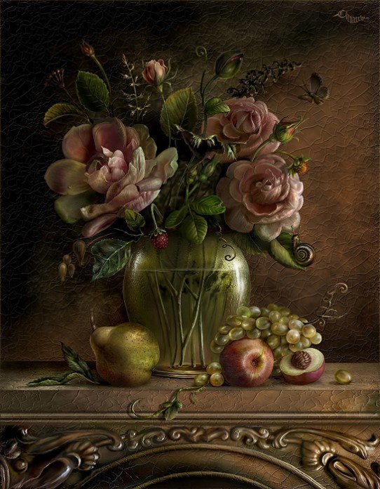 Розы - цветы, букет, ваза, фрукты, розы - оригинал