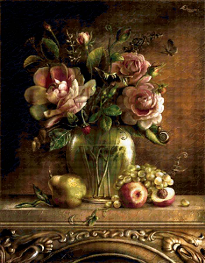 Розы - фрукты, розы, цветы, ваза, букет - предпросмотр