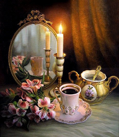 №180223 - цветы, букет, зеркало, свеча, чашка - оригинал