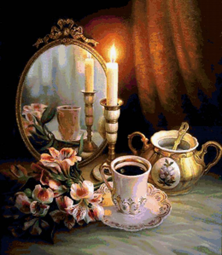 №180223 - букет, цветы, зеркало, чашка, свеча - предпросмотр