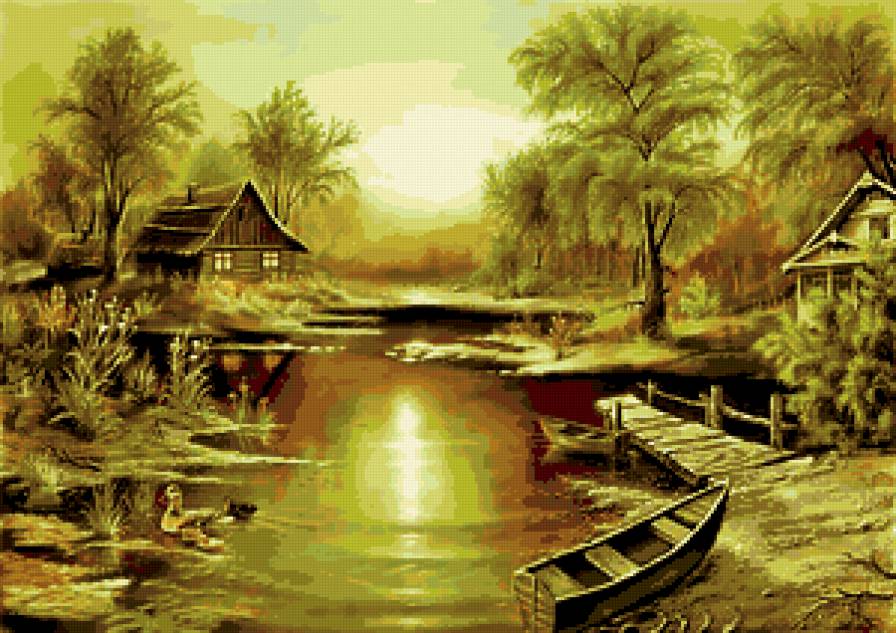 летний вечер - утки, домик, деревья, река - предпросмотр