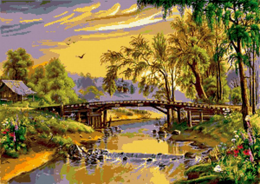 лето - домик, мостик, река, цветы - предпросмотр