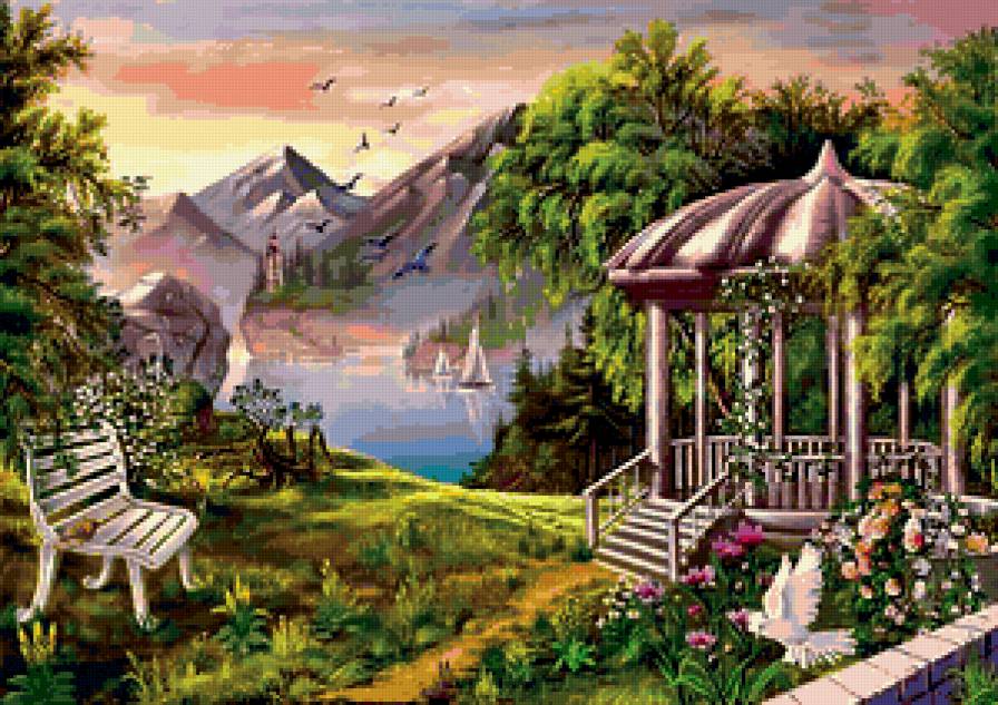 №180259 - горы, море, птицы, беседка, природа, цветы - предпросмотр