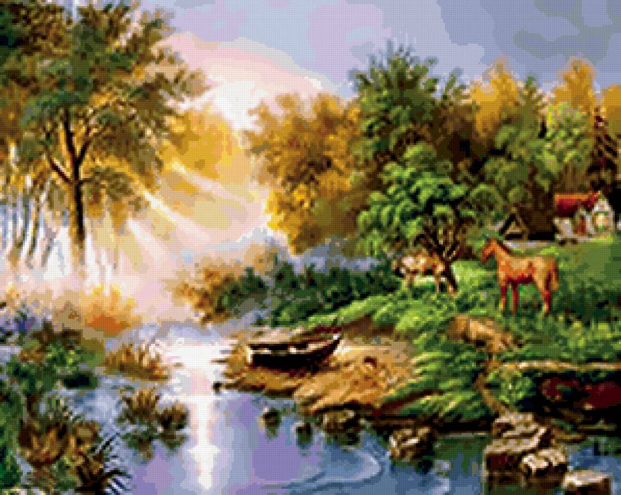 природа - пейзаж, лето, вода, природа, лодка, кони - предпросмотр