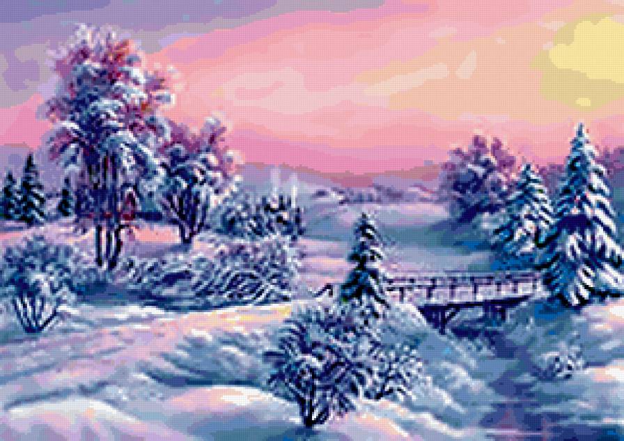 зима - мост, дома, снег, зима, дерево, река, пейзаж - предпросмотр