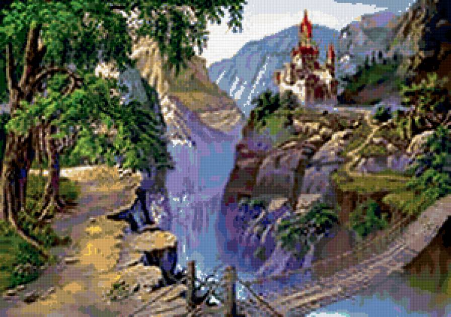 подвесной мост - ущелье, природа, мост, церковь, деревья - предпросмотр