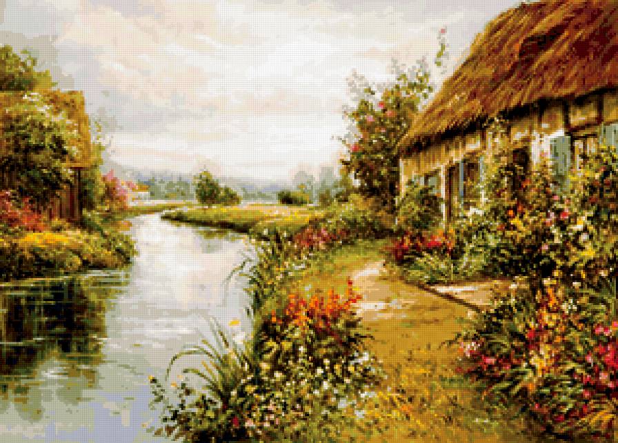 Домик у реки - пейзаж, картина, природа - предпросмотр