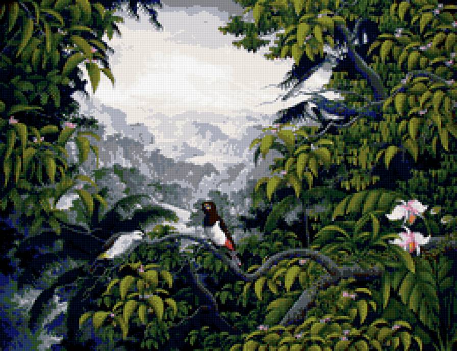 райские птицы - листья, деревья, пейзаж, птицы - предпросмотр