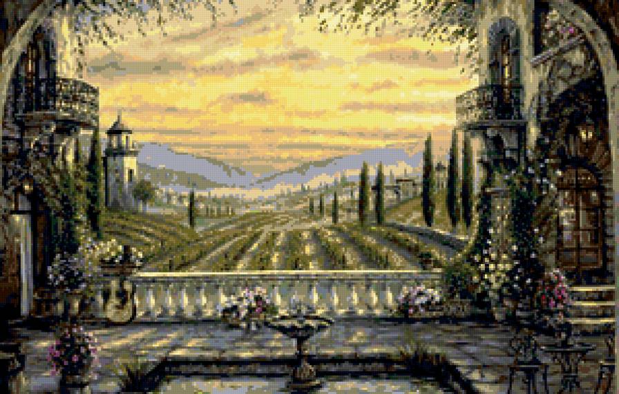 вид с терассы - пейзаж, небо, цветы, терасса, гитара - предпросмотр