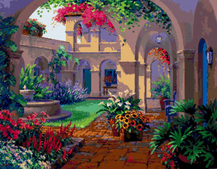 №181051 - цветы, дворик, картина - предпросмотр