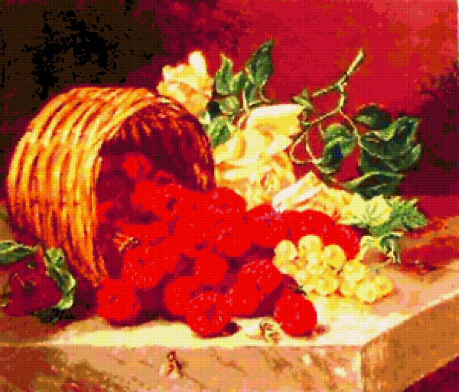 натюрморт - корзина, ягоды, цветы - предпросмотр