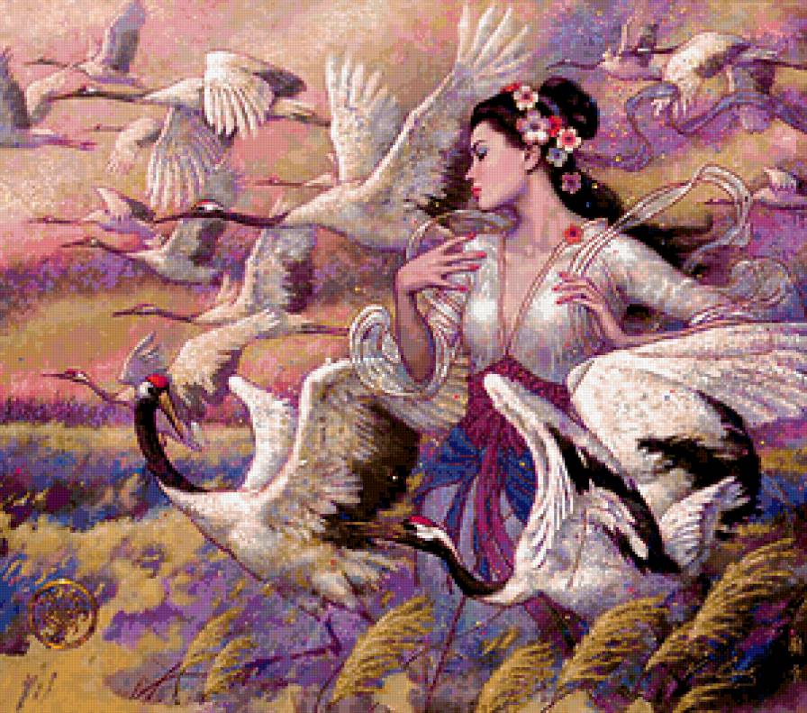 красиво - девушка, птицы - предпросмотр