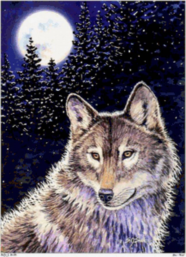 Волк - волк, лес, луна, ночь, природа, картина - предпросмотр