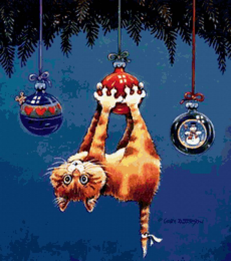 Кот проказник - мышь, новый год, игрушки, кот - предпросмотр