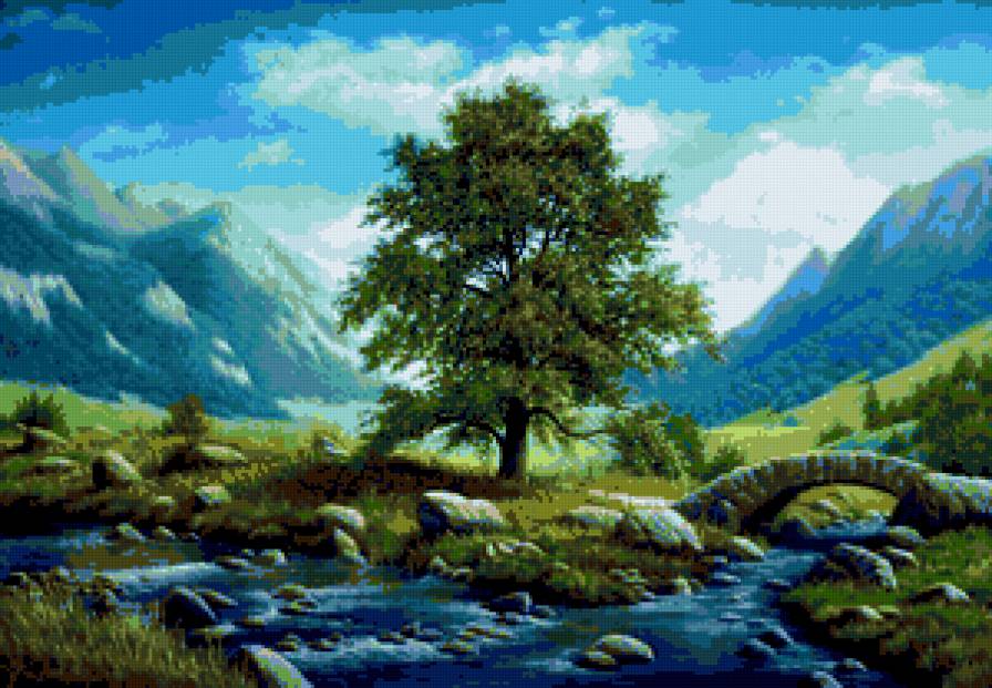 №181675 - мост, пейзаж, природа, река, картина - предпросмотр