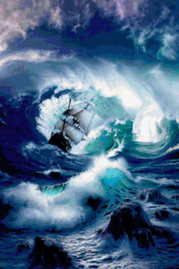 на волнах - корабль, паруса, волны, волна, океан, скалы, шторм, море - предпросмотр