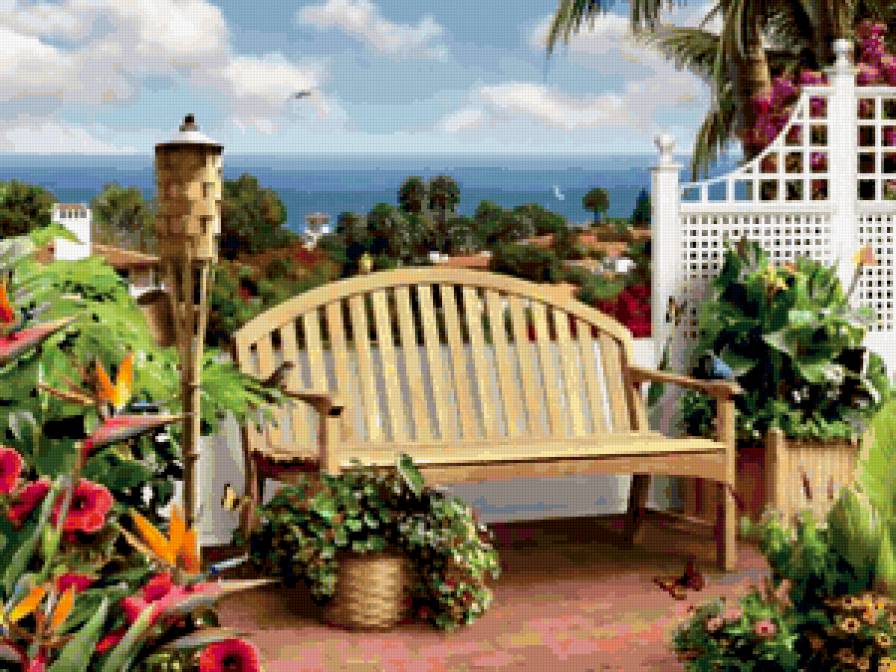 Морской пейзаж - скамейка, цветы, море - предпросмотр