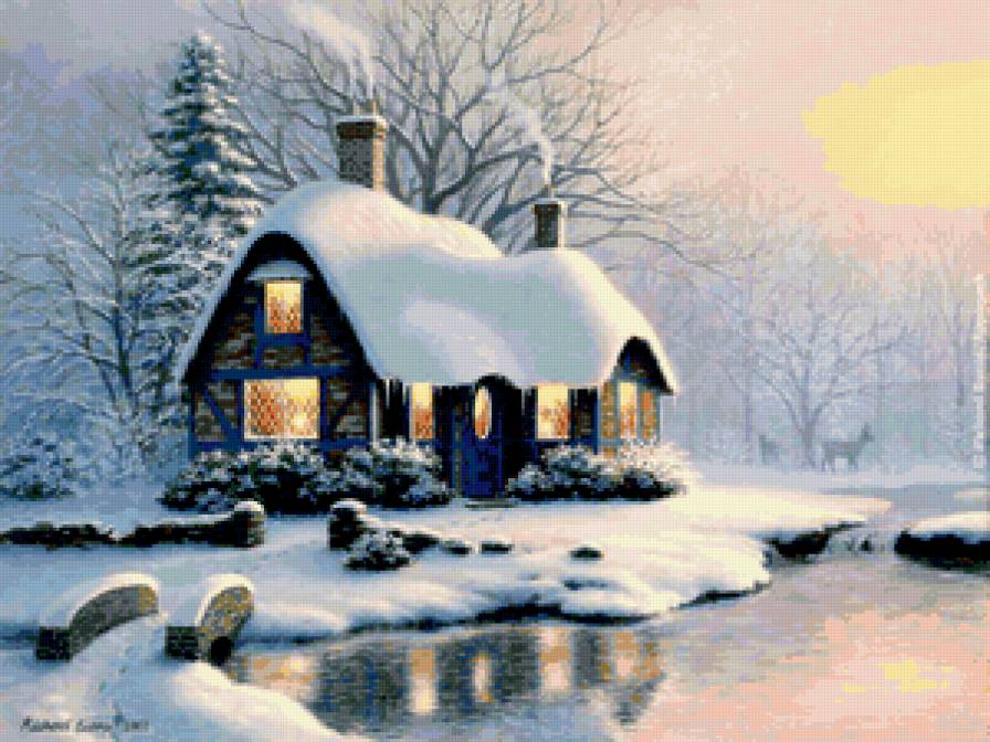 №183471 - дом, озеро, зима, елка, снег - предпросмотр