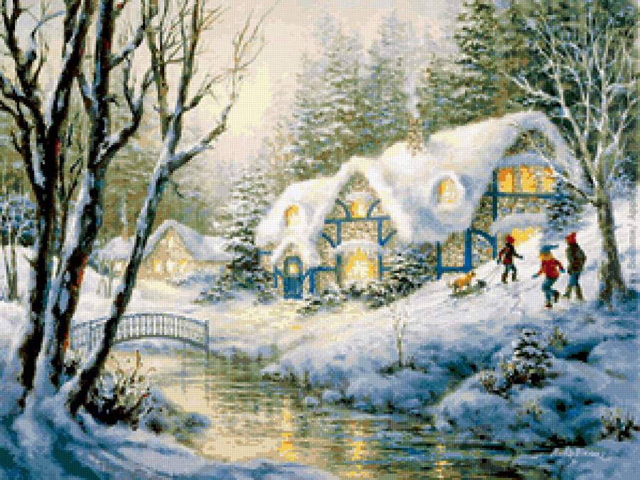 №183523 - санки, дети, каток, зима, река, снег, дом, мост - предпросмотр