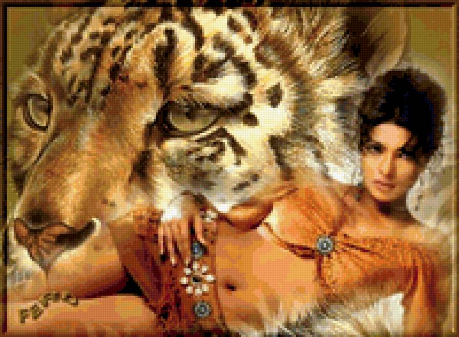 девушка и барс - девушка, животные, барс - предпросмотр