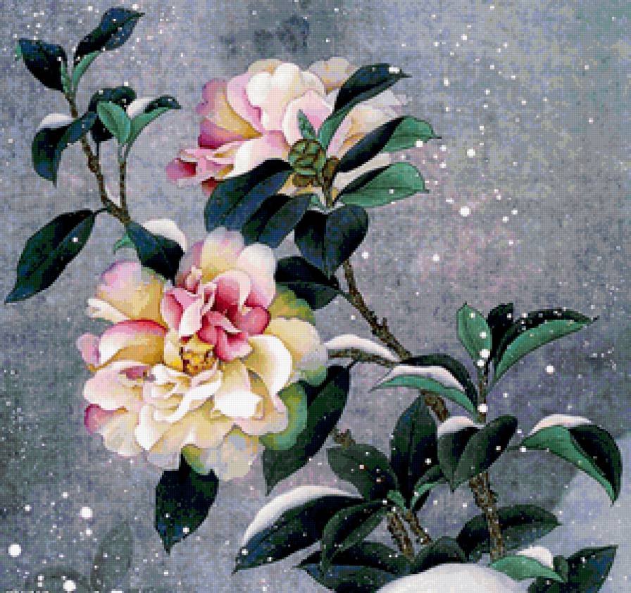 Цветы под снегом - восток, цветы, китай - предпросмотр