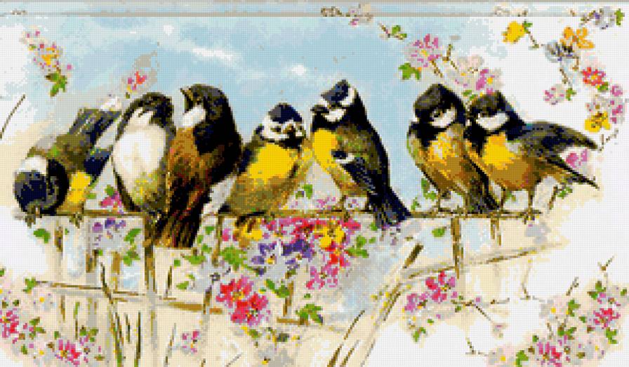 Весенние синички - цветы, флора, синички, синичка, птицы, птички, весна - предпросмотр