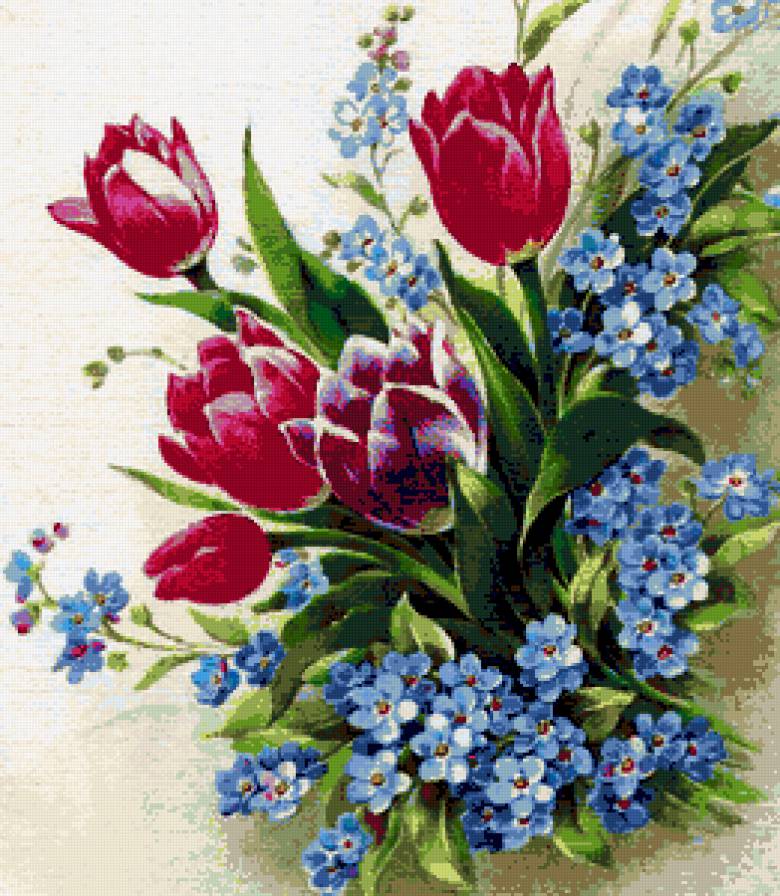 Тюльпаны и незабудки - цветы, тюльпан, незабудки, весенние цветы, букет, тюльпаны - предпросмотр