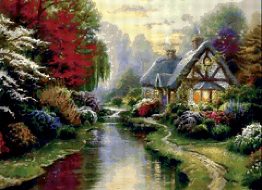 пейзаж - вода, картина, весна, живопись, река, природа - предпросмотр