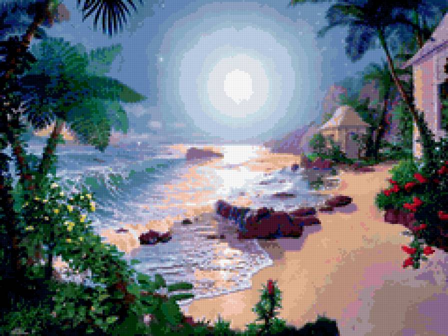 пейзаж - весна, ночь, цветы, живопись, картина, река, вода, природа - предпросмотр