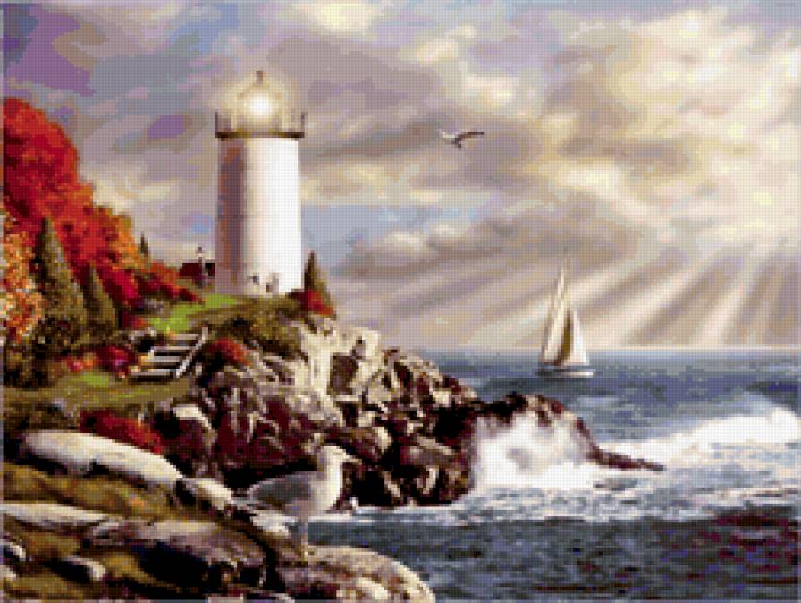 маяк2 - природа, птицы, река, весна, картина, вода, живопись - предпросмотр