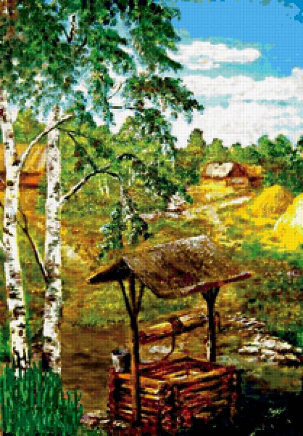 старый колодец - весна, живопись, картина, река, вода, природа - предпросмотр