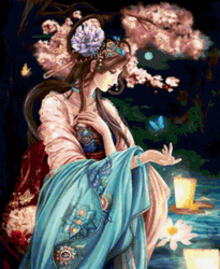 восточная красавица - , китай, картина, птицы, девушка, природа, китайская живопись - предпросмотр