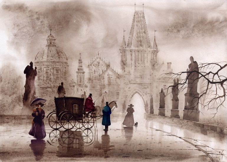 осень - люди, мост, туман, карета, осень - оригинал