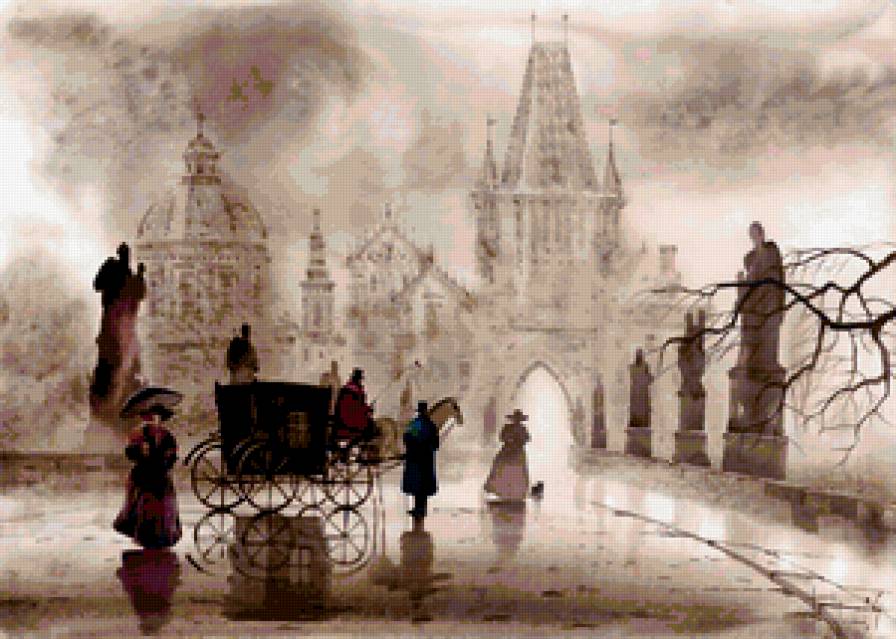 осень - мост, туман, осень, люди, карета - предпросмотр