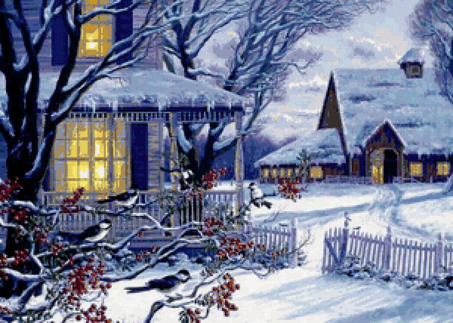 синицы - пейзаж, зима, дом - предпросмотр