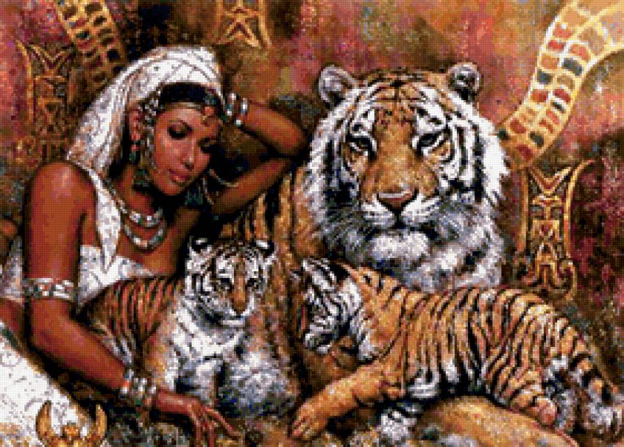 девушка - животные, красота, девушка, картина, львы, любовь, одиночество - предпросмотр